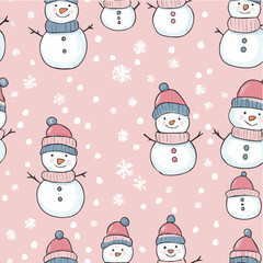 Doodle seamless pattern of cute Christmas snowmen