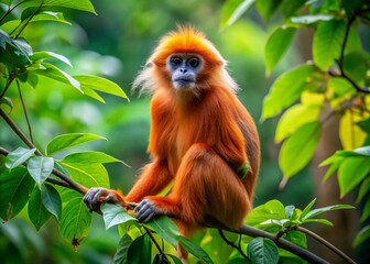 Obraz premium Majestic Red Langura Monkey Sitting on a Branch Surrounded by Lush Green Forest Foliage