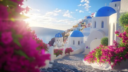 Animated advertisement of Santorini, with white buildings and blue domes overlooking the sea