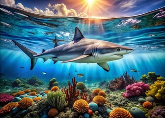 Obraz premium Majestic Shark Gliding Through Crystal Clear Ocean Waters with Vibrant Coral Reef in Background