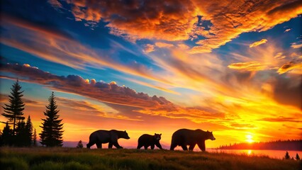Majestic Silhouettes of Bears Against a Colorful Sunset in a Serene Natural Landscape Scene
