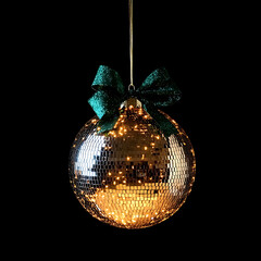 Obraz premium Golden Christmas ball with bow isolated on black background. 3d illustration