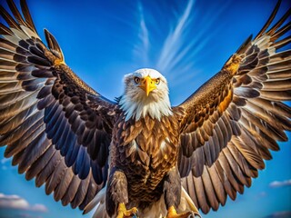 Obraz premium Majestic Spread-Eagled Bird Displaying Feathers Against a Clear Blue Sky in Natural Habitat