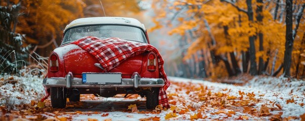 Vintage red car with a cozy blanket covered in early snow, parked on a fall road. Free copy space for banner.