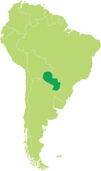 Highlighted map of PARAGUAY inside detailed blank flat political map of South (Latin) American continent on isolated background