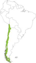 Highlighted map of CHILE inside detailed blank flat political map of South (Latin) American continent on isolated background