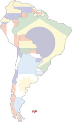 Highlighted map of FALKLAND ISLANDS-MALVINAS inside detailed blank flat political map of South (Latin) American continent on isolated background