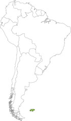 Highlighted map of FALKLAND ISLANDS-MALVINAS inside detailed blank flat political map of South (Latin) American continent on isolated background