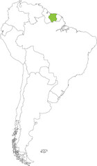 Highlighted map of SURINAME inside detailed blank flat political map of South (Latin) American continent on isolated background