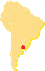 Highlighted map of URUGUAY inside detailed blank flat political map of South (Latin) American continent on isolated background