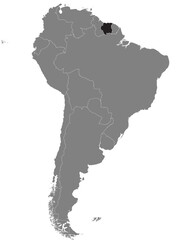 Highlighted map of SURINAME inside detailed blank flat political map of South (Latin) American continent on isolated background