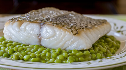 White fish fillet with green peas on a plate, close up