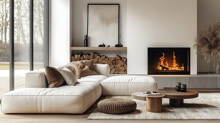  White corner sofa near fireplace. Scandinavian home interior design of modern living room. 