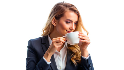 A woman drinking coffee taking a break from work with a transparent background png.
