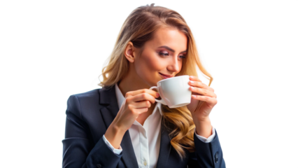 A woman drinking coffee taking a break from work with a transparent background png.