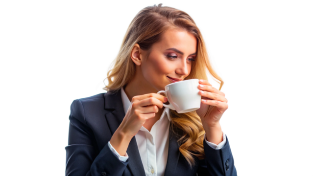 A woman drinking coffee taking a break from work with a transparent background png.