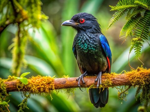 Majestic Umbrellabird Perched Gracefully on a Branch in Lush Rainforest Environment