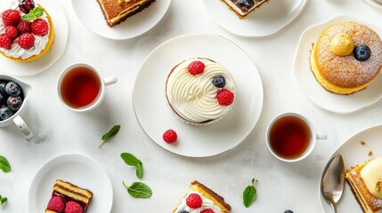 Variety of colorful desserts including cakes, pastries, and fruits arranged with cups of tea on a white background, perfect for afternoon tea or brunch