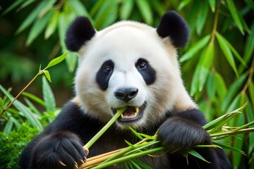 Obraz premium Close-up panda bear eating bamboo in forest