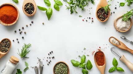 Variety of fresh herbs, colorful spices, and cooking utensils arranged on white background, perfect for food preparation and recipe ideas
