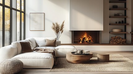  White corner sofa near fireplace. Scandinavian home interior design of modern living room. 