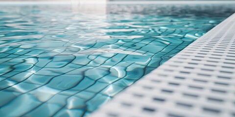 Clean and tidy swimming pool shooting. The water is light blue and looks clear. The edge of the pool is lined with white tiles that contrast sharply with the water.