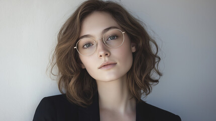 Obraz premium A young woman with wavy brown hair, wearing round glasses. She has a fair complexion and is gazing directly at the camera. She is dressed in a black blazer, and the background is a plain white wall.