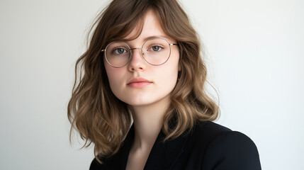 Obraz premium A young woman with wavy brown hair, wearing round glasses. She has a fair complexion and is gazing directly at the camera. She is dressed in a black blazer, and the background is a plain white wall.