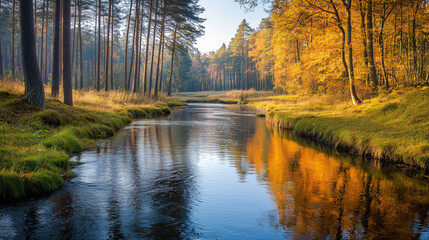 Obraz premium A tranquil river winding through a forest in autumn, with vibrant trees reflected on the surface, Background, Autumn mood
