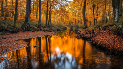 A tranquil river winding through a forest in autumn, with vibrant trees reflected on the surface, Background, Autumn mood