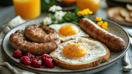 A gourmet breakfast plate with two fried eggs, three sausages, and toast with raspberry jam, alongside rustic hammered bread, set on a dining table with orange juice, a napkin, and a flower.