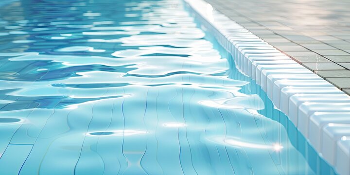Clean and tidy swimming pool shooting. The water is light blue and looks clear. The edge of the pool is lined with white tiles that contrast sharply with the water.
