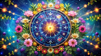 Fototapeta premium May Astrology Sign Symbol with Floral Elements and Zodiac Star Constellation Background Design