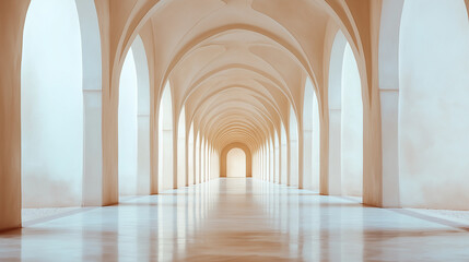 Obraz premium A long, symmetrical corridor with a series of arches on both sides. The corridor appears to be underground or in a basement, given the absence of natural light.