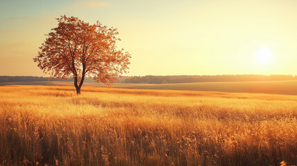 Obraz premium A peaceful field with wild grasses and a distant tree covered in autumn foliage, with a soft golden light, Background, Autumn mood