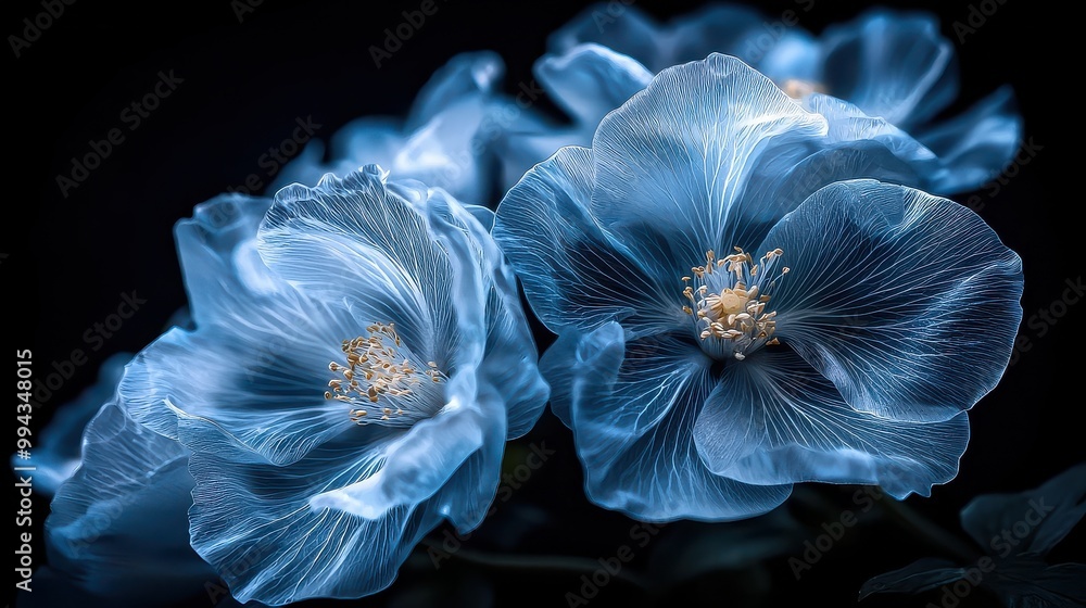 Poster a close up of three blue flowers, with one of them being the largest. the flowers are arranged in a 