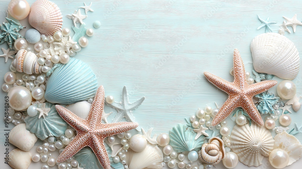 Fototapete a variety of seashells and starfish arranged on a blue and white background. the seashells come in d