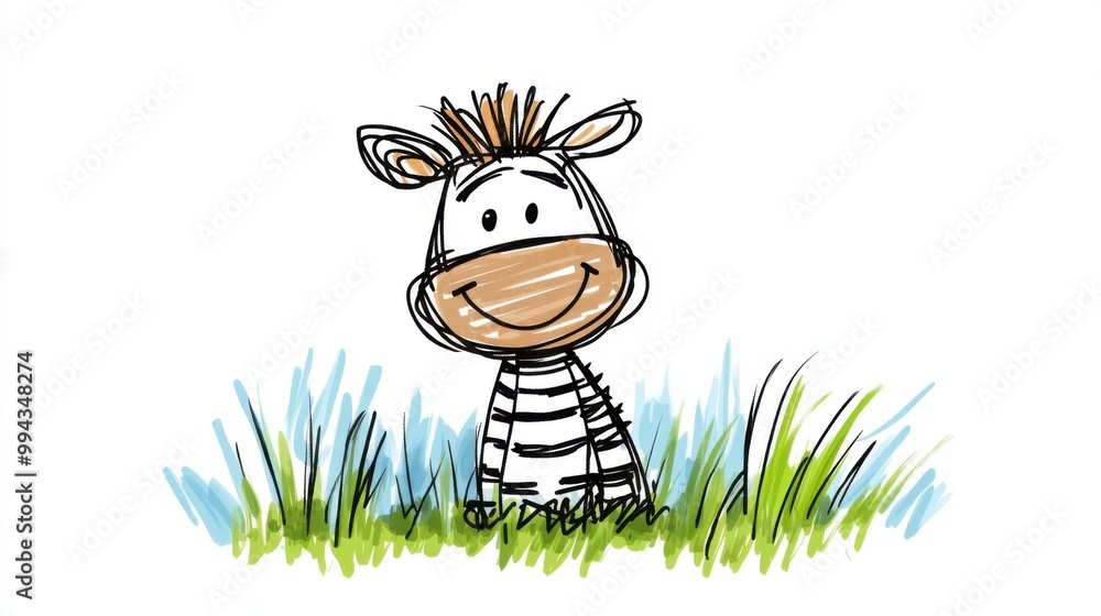 Poster simple stick figure zebra drawing with smiling face