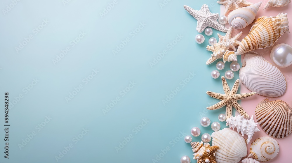 Poster A blue background with a variety of seashells and pearls. The seashells are scattered around the background, with some of them being larger and more prominent than others