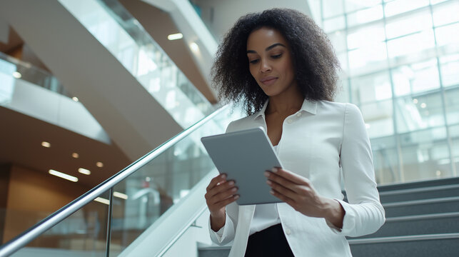 A professional businesswoman ascending a stylish office staircase, focused on her digital tablet, highlighting the blend of technology and professionalism in her daily routine, wit
