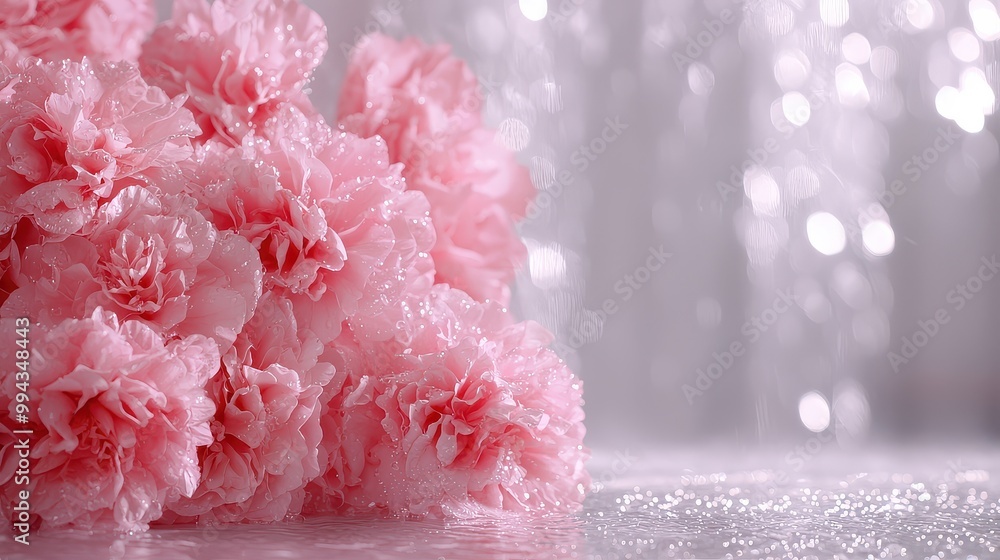 Poster a bunch of pink flowers are arranged in a vase. the flowers are arranged in a way that they look lik