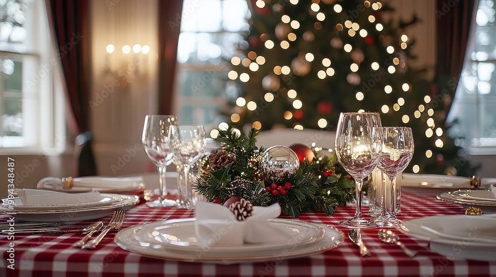 Aufkleber A table with a Christmas tree in the background and a red and white checkered tablecloth. The table is set with wine glasses, forks, knives, and spoons. Scene is festive and celebratory