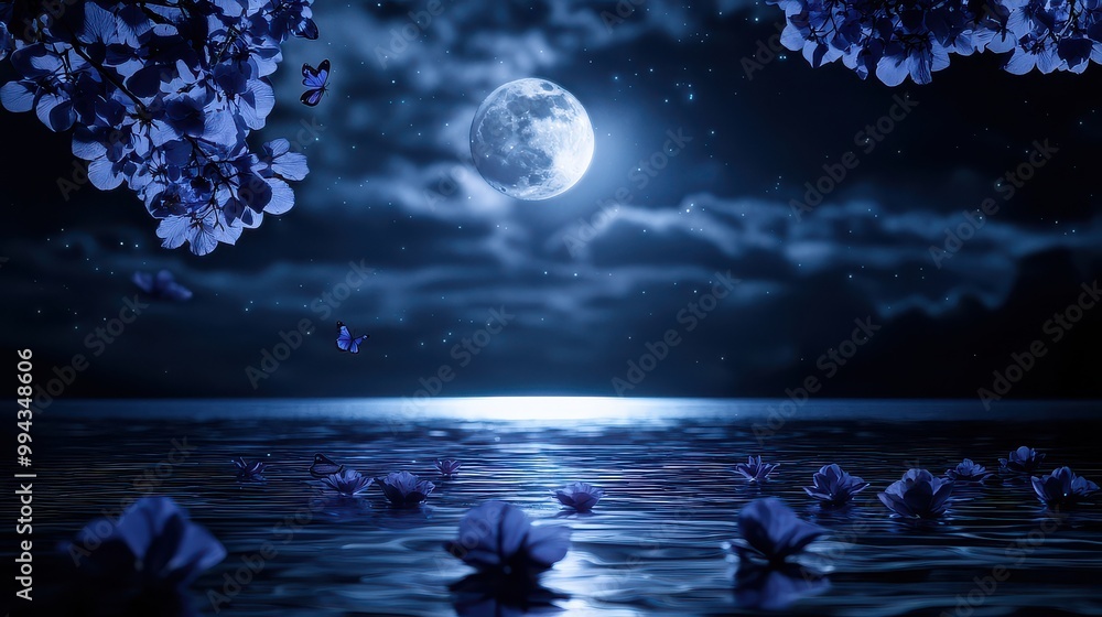 Aufkleber a beautiful night sky with a full moon and a body of water. the moon is reflected in the water, crea