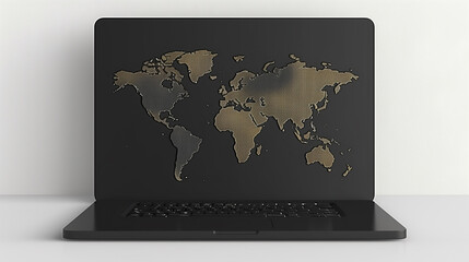 Black laptop with golden abstact world map on the screen, white backdrop. Global market, trading, technology, economy concepts