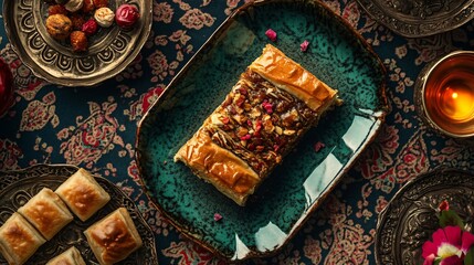A flat lay of traditional Turkish sweets with a focus on a slice of kunefe, placed on a deep green ceramic plate with an ornate Turkish tablecloth underneath