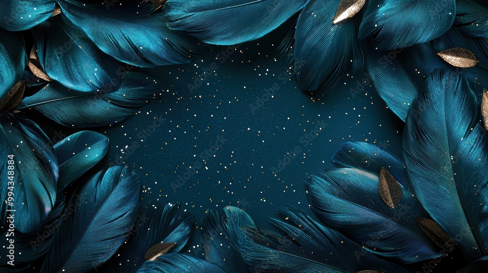 Aufkleber a blue background with gold and silver feathers and leaves. the feathers are arranged in a circle an