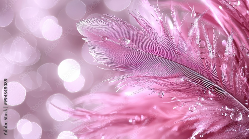 Poster a pink feather with water droplets on it. the feather is the main focus of the image, and the water 
