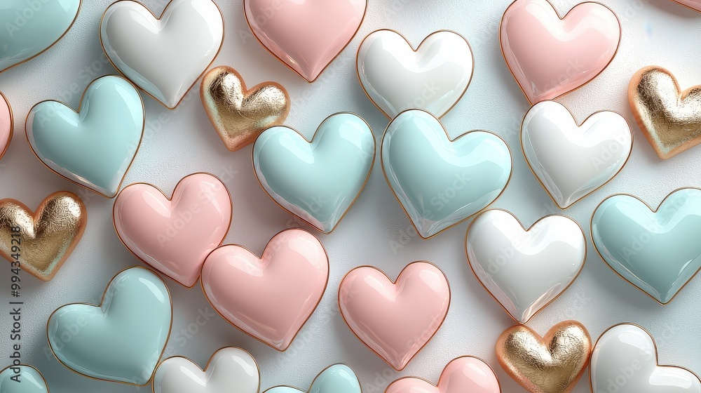 Poster a collection of hearts in various colors and sizes, with some of them having gold accents. concept o