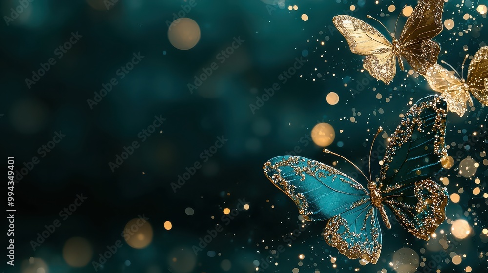 Poster a blue background with three butterflies on it. the butterflies are gold and silver. the background 