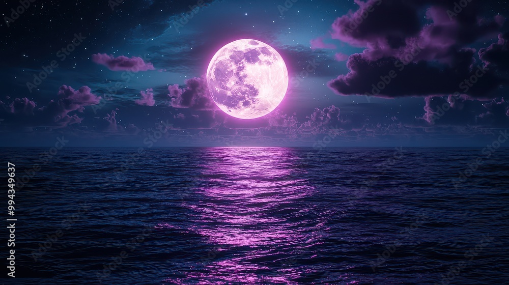 Aufkleber a large, bright pink moon is reflected in the water of a calm ocean. the sky is dark and cloudy, cre